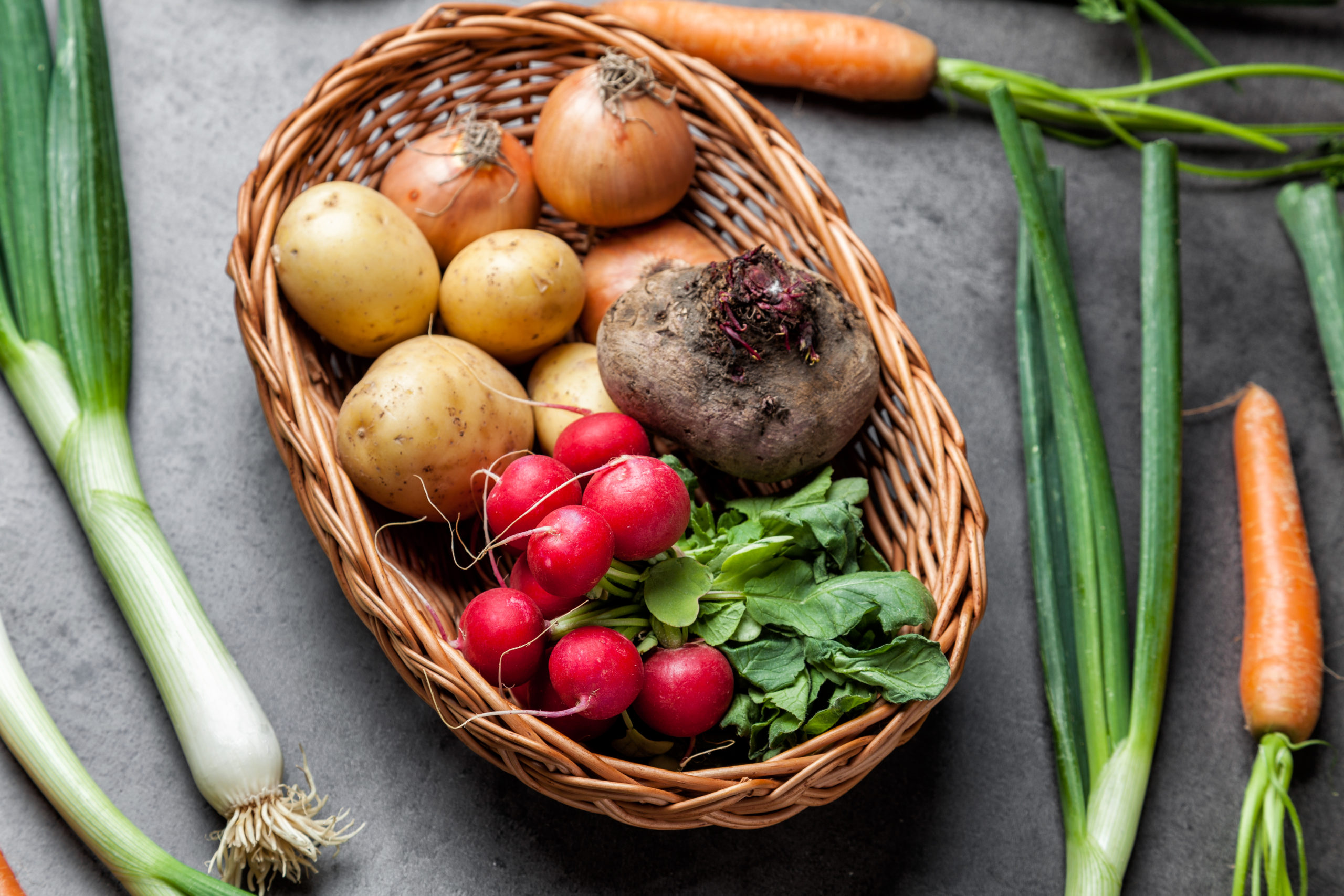 Fresh and healthy organic root vegetables on a rustic background