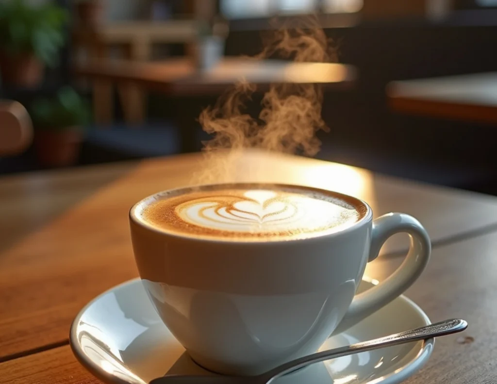 steaming cup of coffee in golden hour lighting